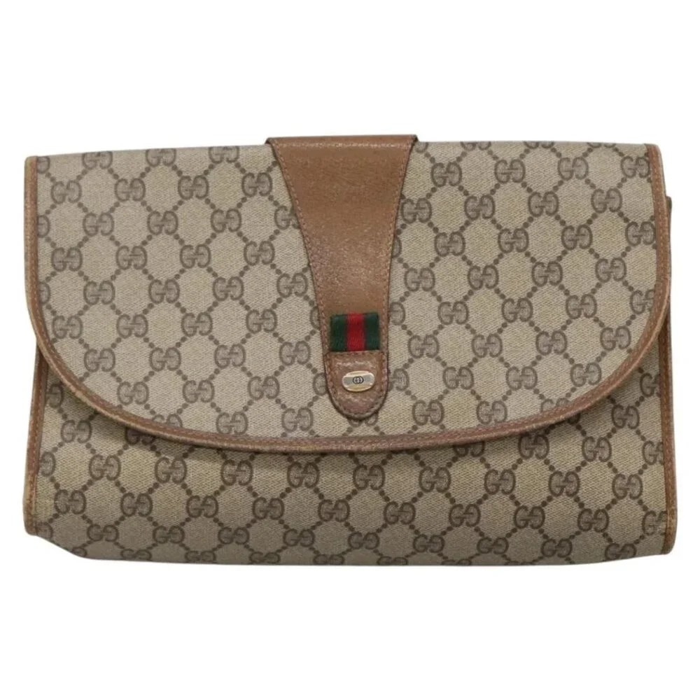 GUCCI GG Supreme Web Sherry Line Clutch Bag PVC Beige Gold 89 01 031 Auth 139970